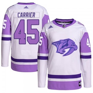 Alexandre Carrier Nashville Predators Adidas Authentic White/Purple Hockey Fights Cancer Primegreen Jersey