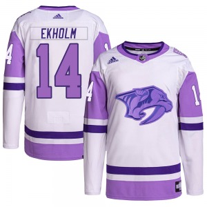 Mattias Ekholm Nashville Predators Adidas Authentic White/Purple Hockey Fights Cancer Primegreen Jersey