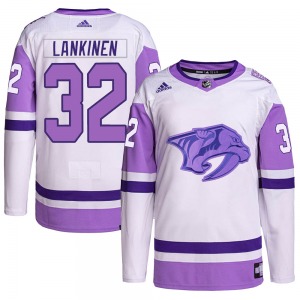 Kevin Lankinen Nashville Predators Adidas Authentic White/Purple Hockey Fights Cancer Primegreen Jersey