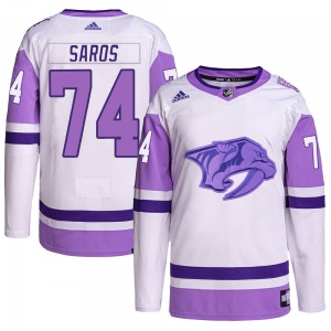 Juuse Saros Nashville Predators Adidas Authentic White/Purple Hockey Fights Cancer Primegreen Jersey