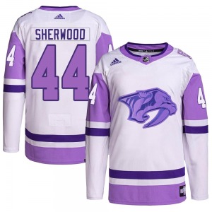 Kiefer Sherwood Nashville Predators Adidas Authentic White/Purple Hockey Fights Cancer Primegreen Jersey