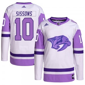 Youth Colton Sissons Nashville Predators Adidas Authentic White/Purple Hockey Fights Cancer Primegreen Jersey